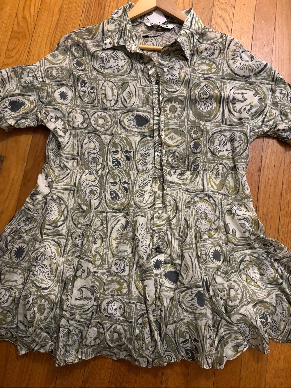 Zara Olive Green and Cream Printed Button-Front Kids Blouse
